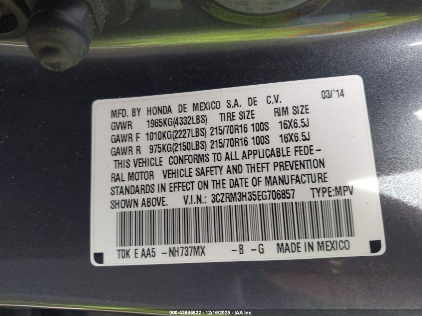 2014 Honda Cr-V Lx VIN: 3CZRM3H35EG706857 Lot: 43885822
