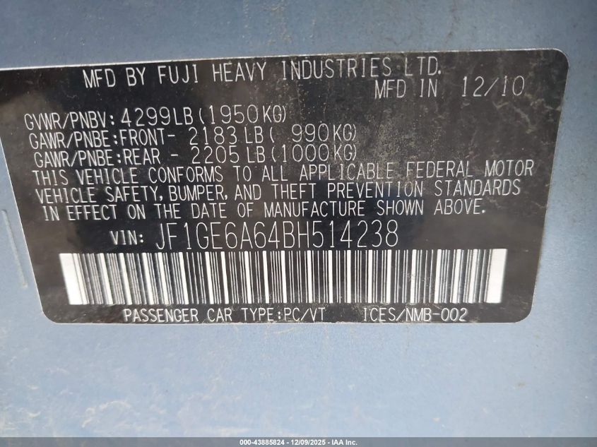 2011 Subaru Impreza 2.5I VIN: JF1GE6A64BH14238 Lot: 43885824
