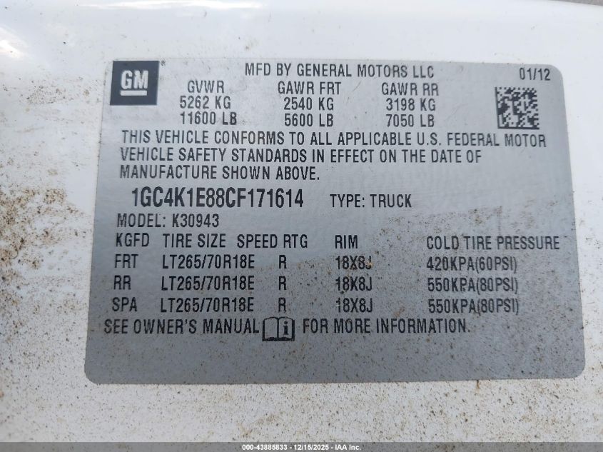 2012 Chevrolet Silverado 3500Hd Ltz VIN: 1GC4K1E88CF171614 Lot: 43885833