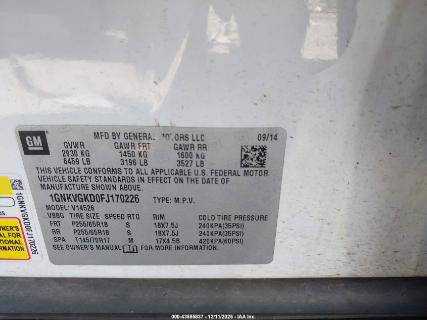 2015 Chevrolet Traverse 1Lt VIN: 1GNKVGKD0FJ170226 Lot: 43885837