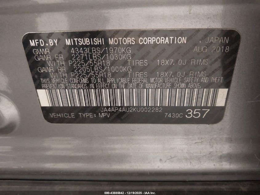 2019 Mitsubishi Outlander Sport 2.0 Se VIN: JA4AP4AU2KU002282 Lot: 43885842