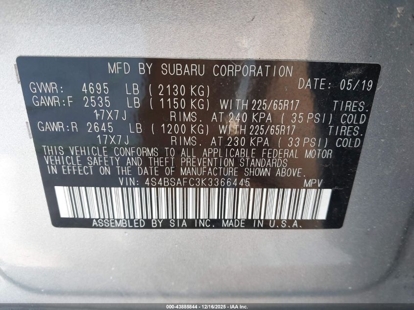 2019 Subaru Outback 2.5I Premium VIN: 4S4BSAFC3K3366445 Lot: 43885844