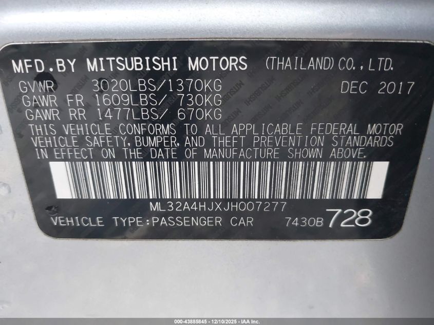 2018 Mitsubishi Mirage Se VIN: ML32A4HJXJH007277 Lot: 43885845
