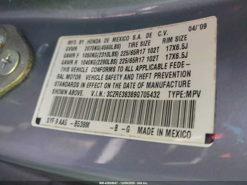 2009 Honda Cr-V Lx VIN: 3CZRE38389G705432 Lot: 43885847