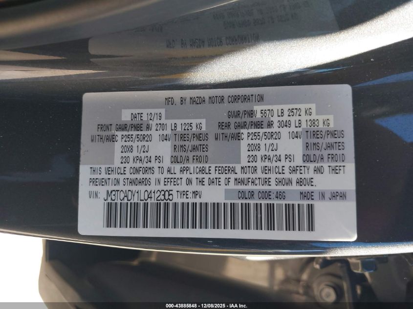 2020 Mazda Cx-9 Grand Touring VIN: JM3TCADY1L0412305 Lot: 43885848