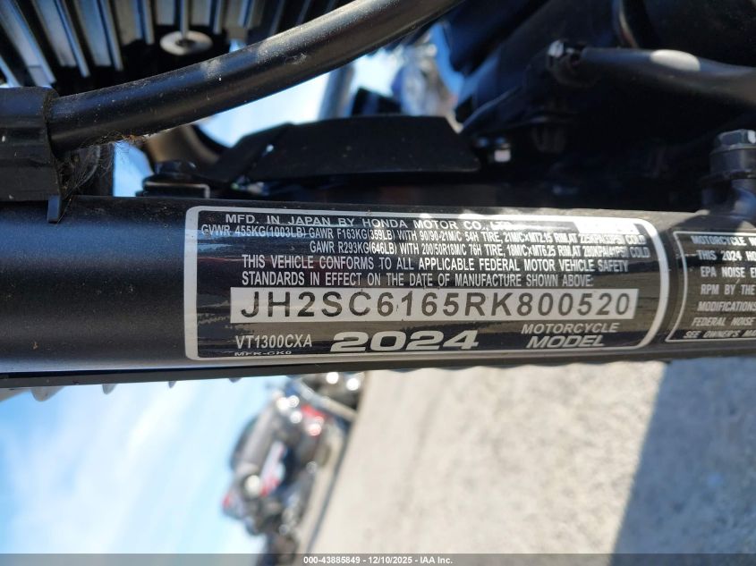 2024 Honda Vt1300 Cxa VIN: JH2SC6165RK800520 Lot: 43885849