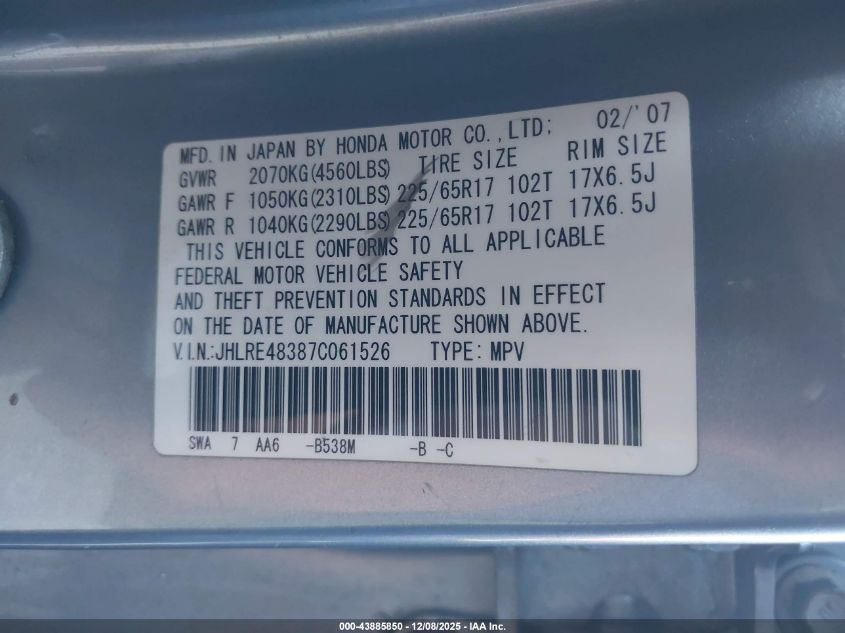 2007 Honda Cr-V Lx VIN: JHLRE48387C061526 Lot: 43885850