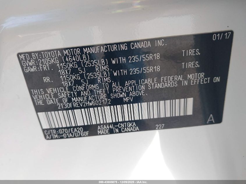 2017 Toyota Rav4 Limited VIN: 2T3DFREV2HW602172 Lot: 43885875