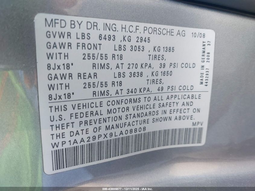 2009 Porsche Cayenne VIN: WP1AA29PX9LA08808 Lot: 43885877