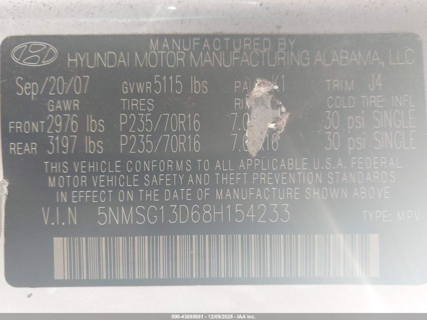 2008 Hyundai Santa Fe Gls VIN: 5NMSG13D68H154233 Lot: 43885881