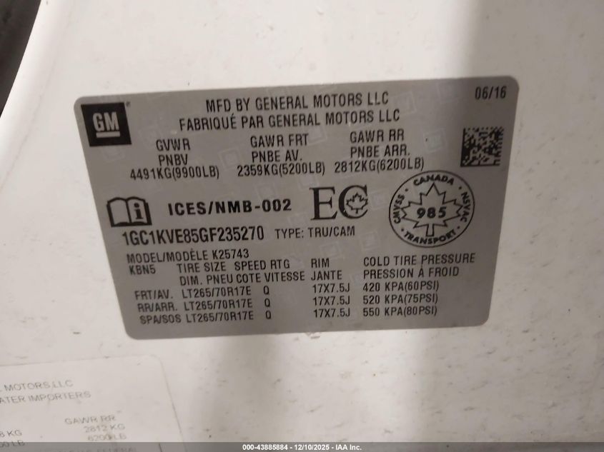 2016 Chevrolet Silverado 2500Hd Lt VIN: 1GC1KVE85GF235270 Lot: 43885884