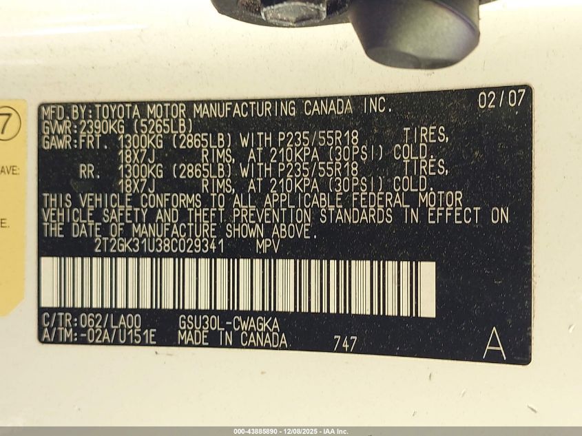 2008 Lexus Rx 350 VIN: 2T2GK31U38C029341 Lot: 43885890