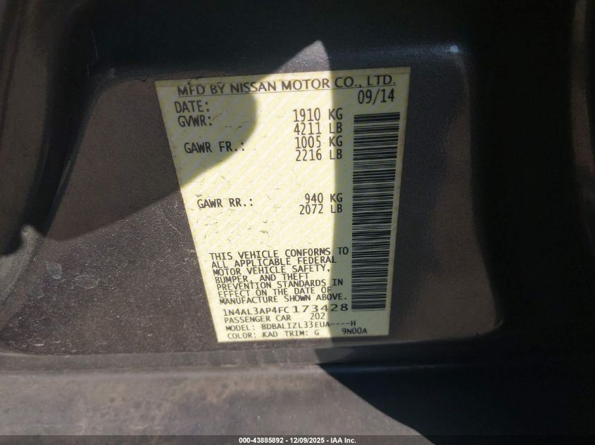 2015 Nissan Altima 2.5 Sv VIN: 1N4AL3AP4FC173428 Lot: 43885892