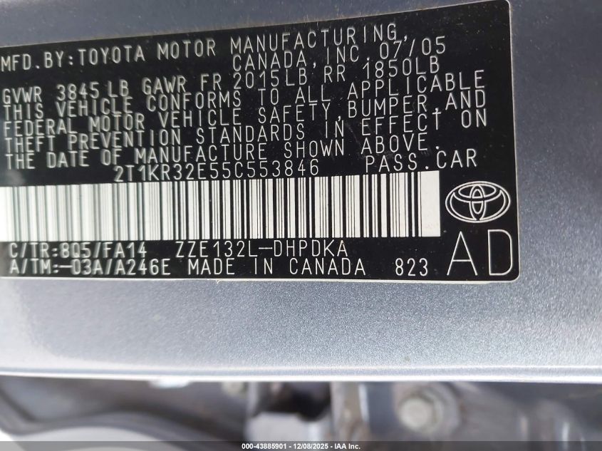 2005 Toyota Matrix VIN: 2T1KR32E55C553846 Lot: 43885901