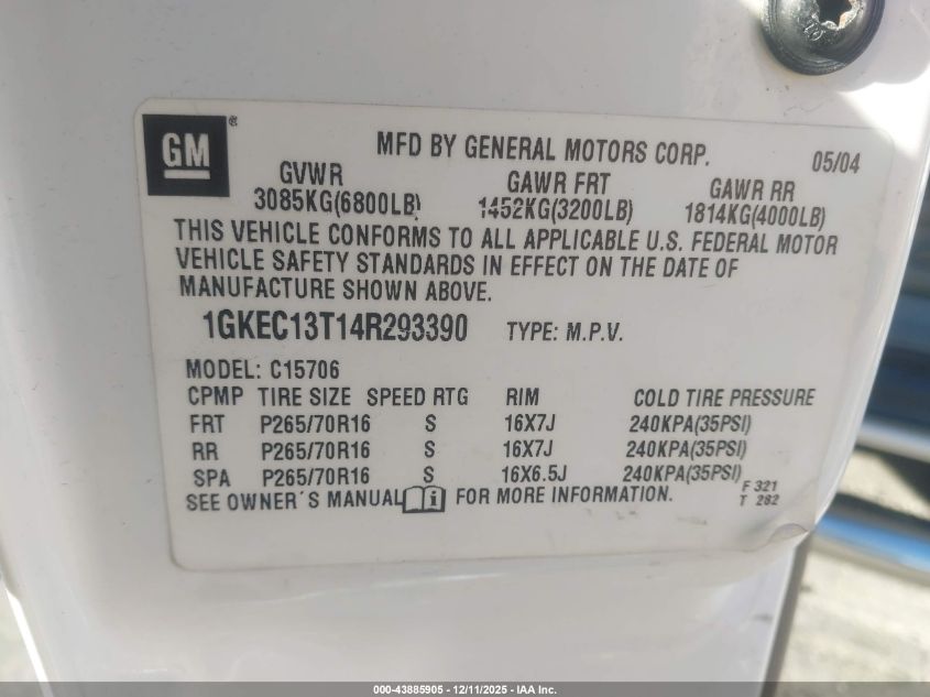 2004 GMC Yukon Sle VIN: 1GKEC13T14R293390 Lot: 43885905