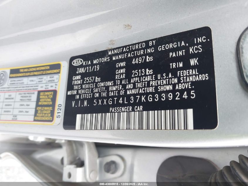 2019 Kia Optima Lx VIN: 5XXGT4L37KG339245 Lot: 43885915