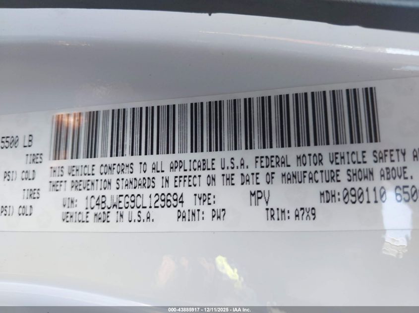 2012 Jeep Wrangler Unlimited Sahara VIN: 1C4BJWEG9CL129694 Lot: 43885917