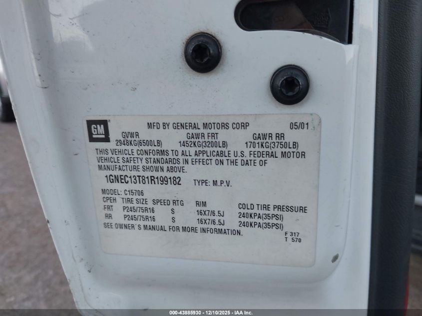 2001 Chevrolet Tahoe Ls VIN: 1GNEC13T81R199182 Lot: 43885930