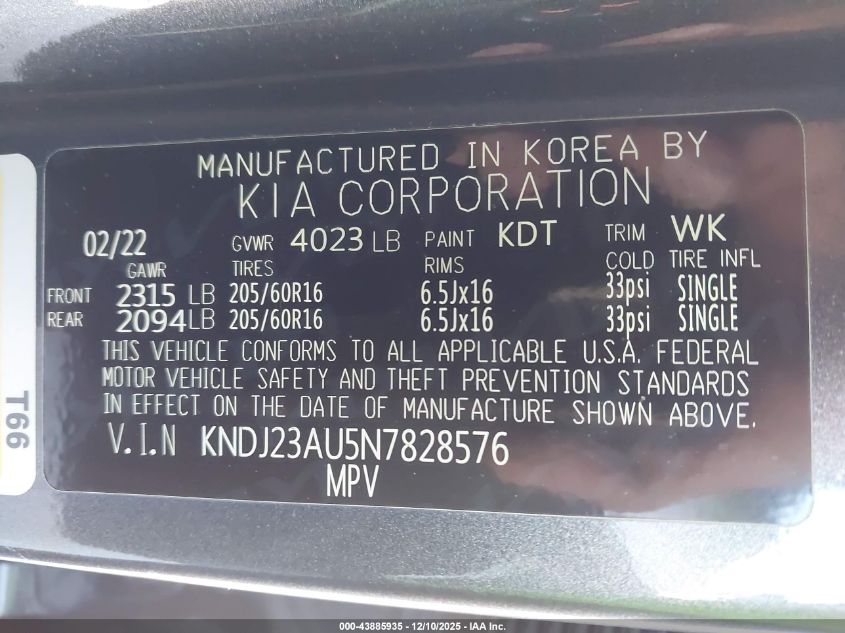 2022 Kia Soul Lx VIN: KNDJ23AU5N7828576 Lot: 43885935