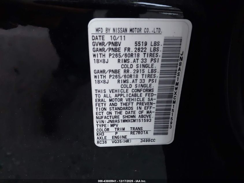 2012 Infiniti Fx35 VIN: JN8AS1MWXCM151593 Lot: 43885941