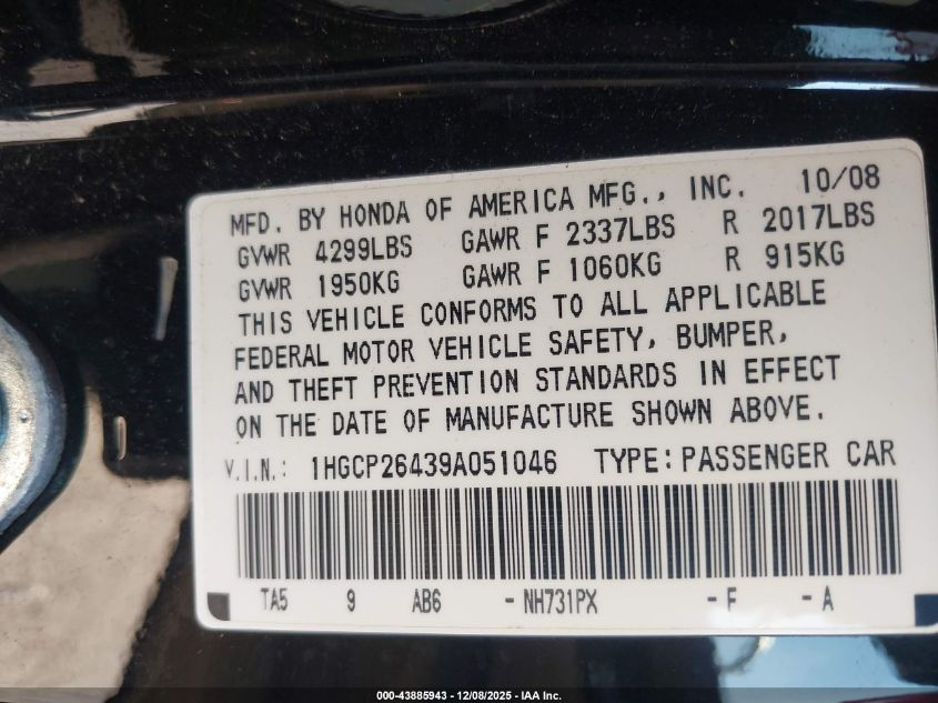 2009 Honda Accord 2.4 Lx-P VIN: 1HGCP26439A051046 Lot: 43885943
