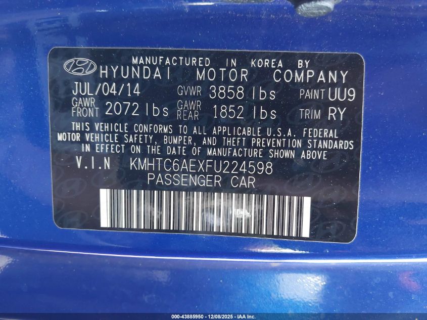 2015 Hyundai Veloster Turbo VIN: KMHTC6AEXFU224598 Lot: 43885950