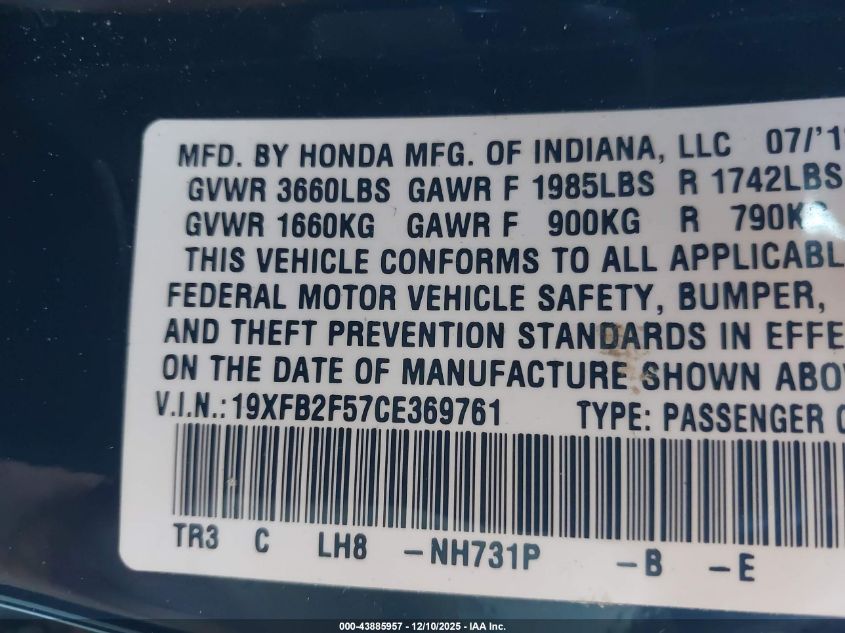 2012 Honda Civic Lx VIN: 19XFB2F57CE369761 Lot: 43885957