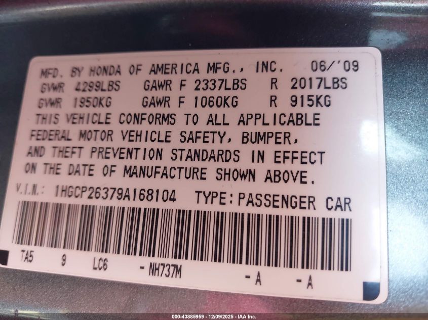2009 Honda Accord 2.4 Lx VIN: 1HGCP26379A168104 Lot: 43885959
