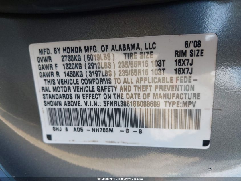 2008 Honda Odyssey Ex-L VIN: 5FNRL38618B088689 Lot: 43885961