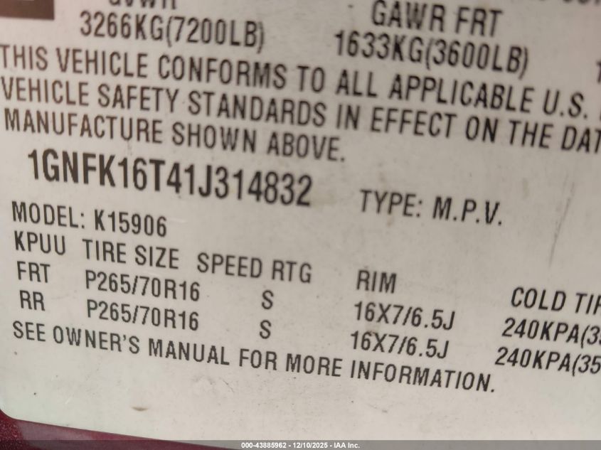 2001 Chevrolet Suburban 1500 Lt VIN: 1GNFK16T41J314832 Lot: 43885962