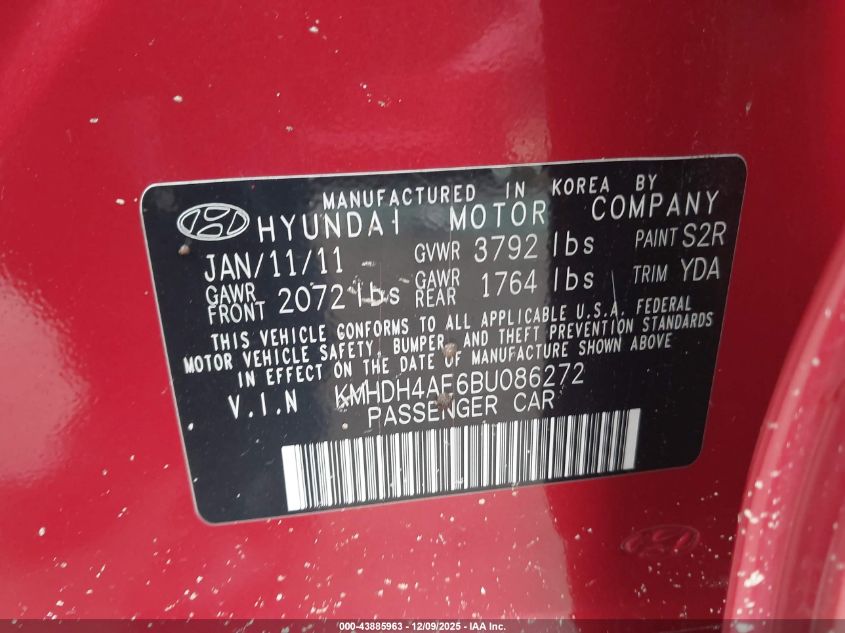 2011 Hyundai Elantra Gls (Ulsan Plant) VIN: KMHDH4AE6BU086272 Lot: 43885963
