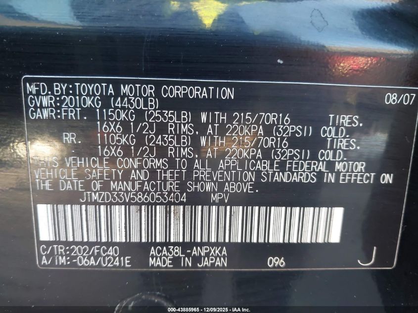 2008 Toyota Rav4 VIN: JTMZD33V586053404 Lot: 43885965