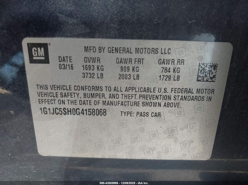 2016 Chevrolet Sonic Lt Auto VIN: 1G1JC5SH0G4158068 Lot: 43885966