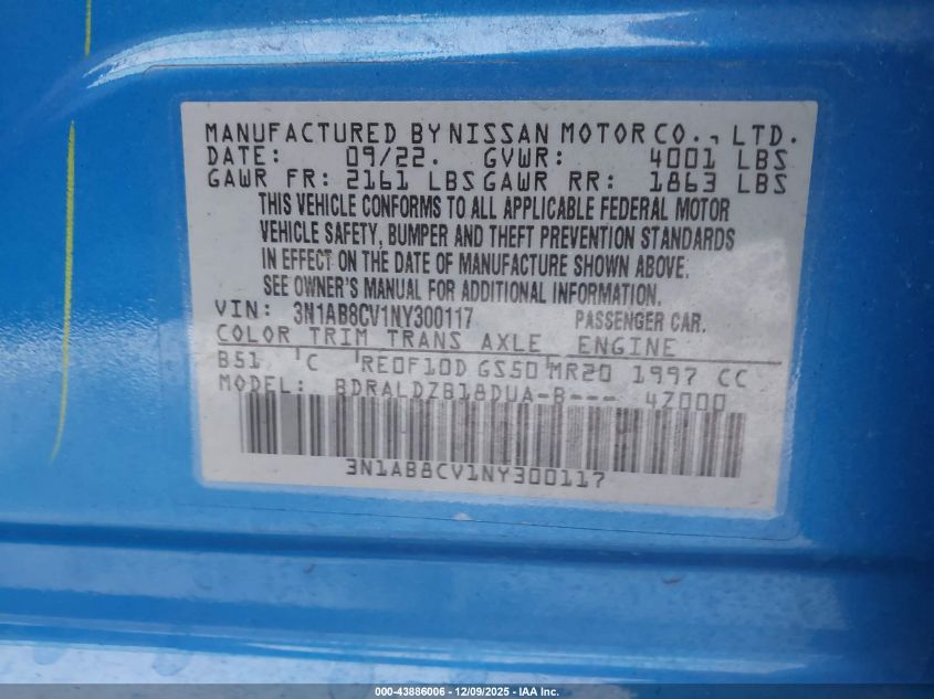 2022 Nissan Sentra Sv Xtronic Cvt VIN: 3N1AB8CV1NY300117 Lot: 43886006