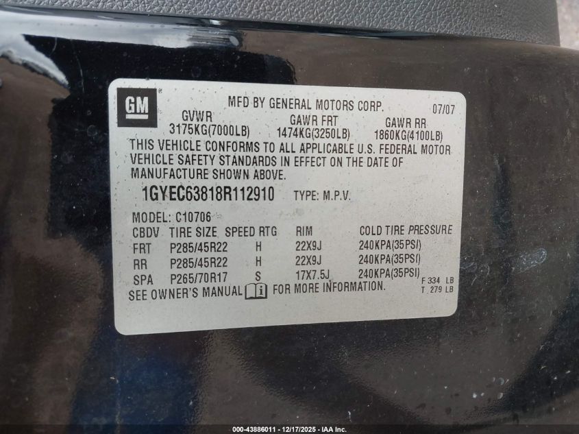 2008 Cadillac Escalade Standard VIN: 1GYEC63818R112910 Lot: 43886011