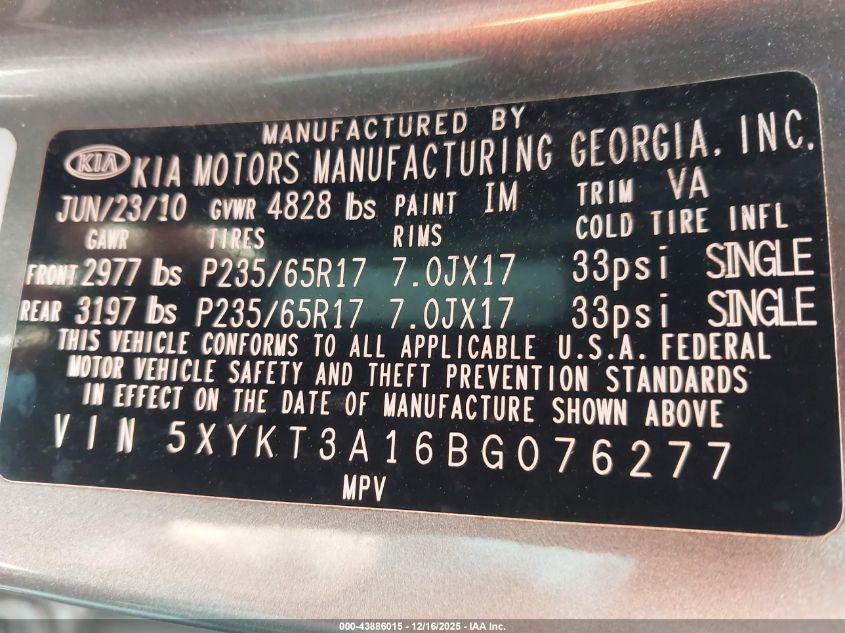 2011 Kia Sorento Lx VIN: 5XYKT3A16BG076277 Lot: 43886015