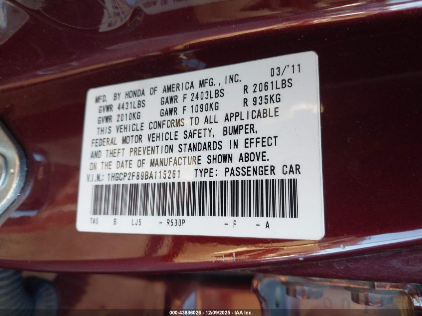 2011 Honda Accord 2.4 Ex-L VIN: 1HGCP2F89BA115261 Lot: 43886026