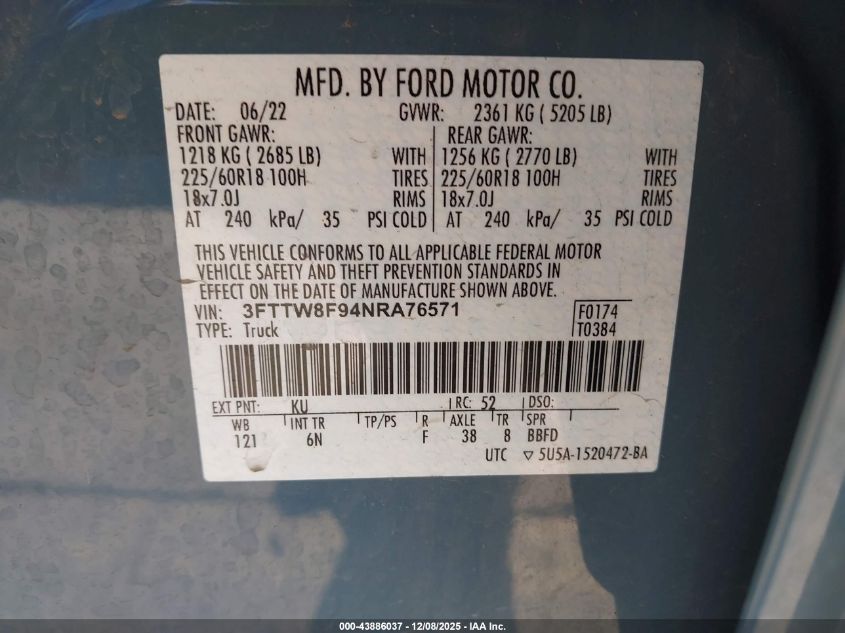 2022 Ford Maverick Lariat VIN: 3FTTW8F94NRA76571 Lot: 43886037