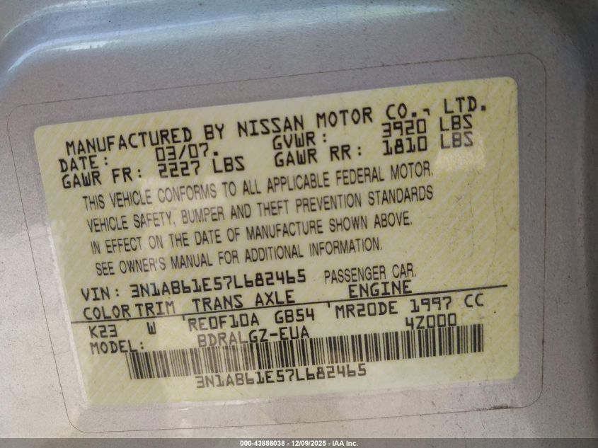 2007 Nissan Sentra 2.0Sl VIN: 3N1AB61E57L682465 Lot: 43886038