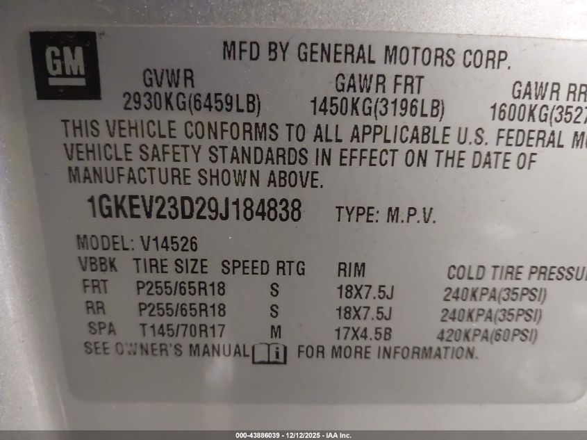 2009 GMC Acadia Slt-1 VIN: 1GKEV23D29J184838 Lot: 43886039
