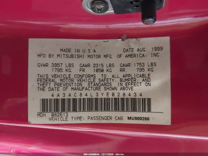 2000 Mitsubishi Eclipse Gt VIN: 4A3AC84L3YE028434 Lot: 43886044