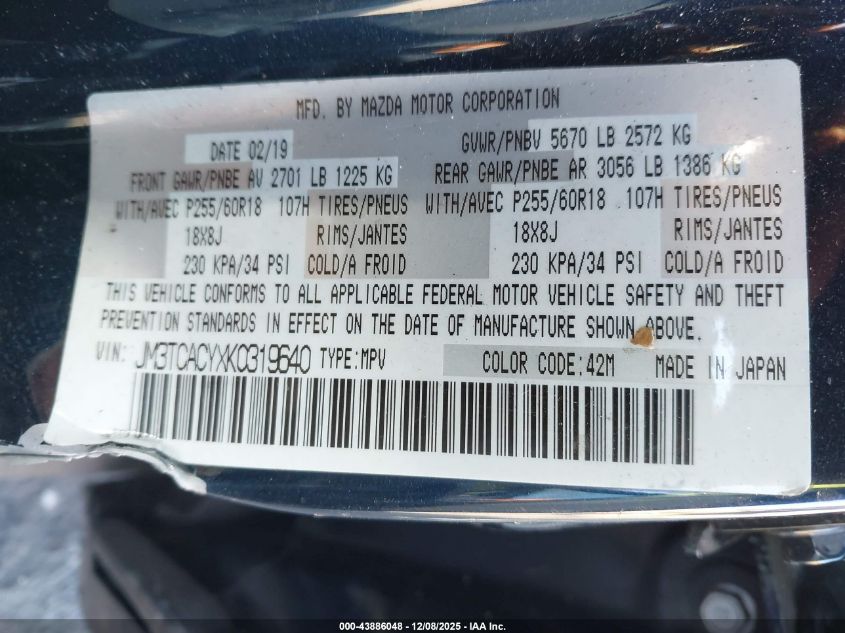 2019 Mazda Cx-9 Touring VIN: JM3TCACYXK0319640 Lot: 43886048