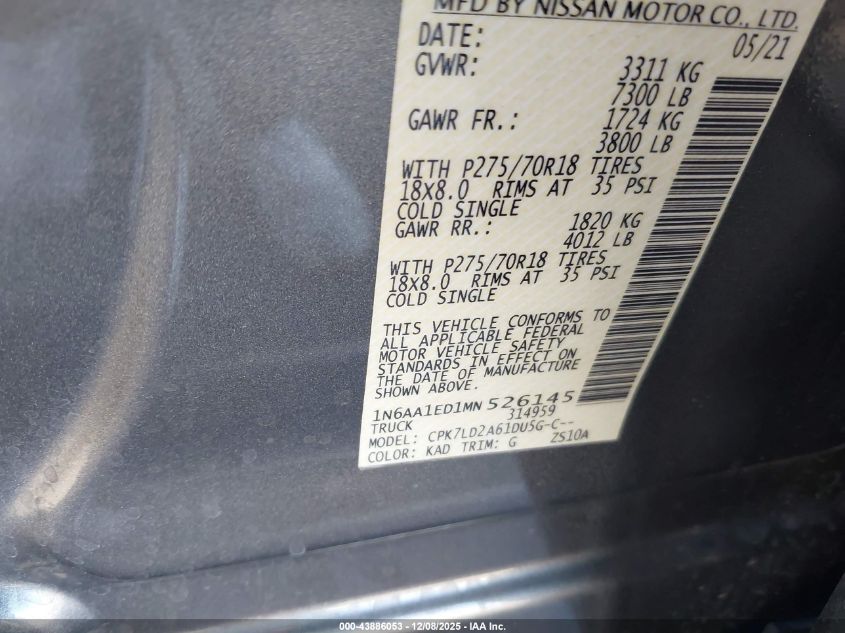 2021 Nissan Titan Pro-4X 4X4 VIN: 1N6AA1ED1MN526145 Lot: 43886053