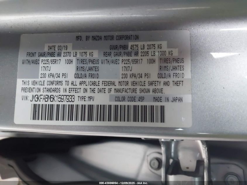 2019 Mazda Cx-5 Sport VIN: JM3KFABM6K1597933 Lot: 43886054