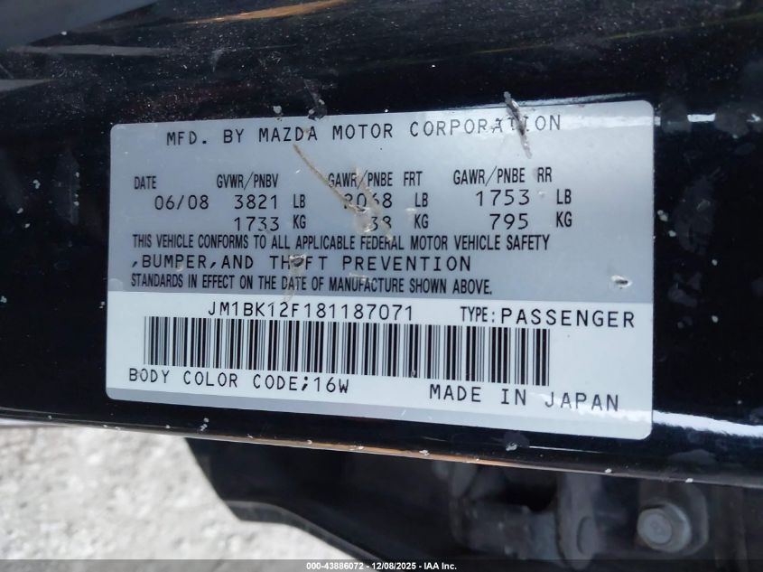 2008 Mazda Mazda3 I Sport VIN: JM1BK12F181187071 Lot: 43886072