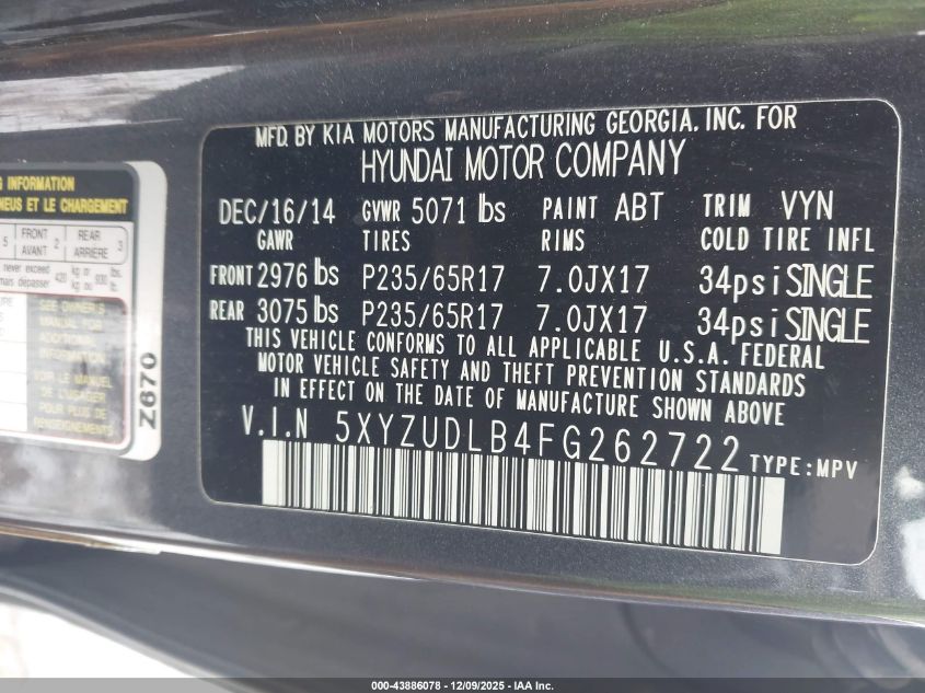 2015 Hyundai Santa Fe Sport 2.4L VIN: 5XYZUDLB4FG262722 Lot: 43886078