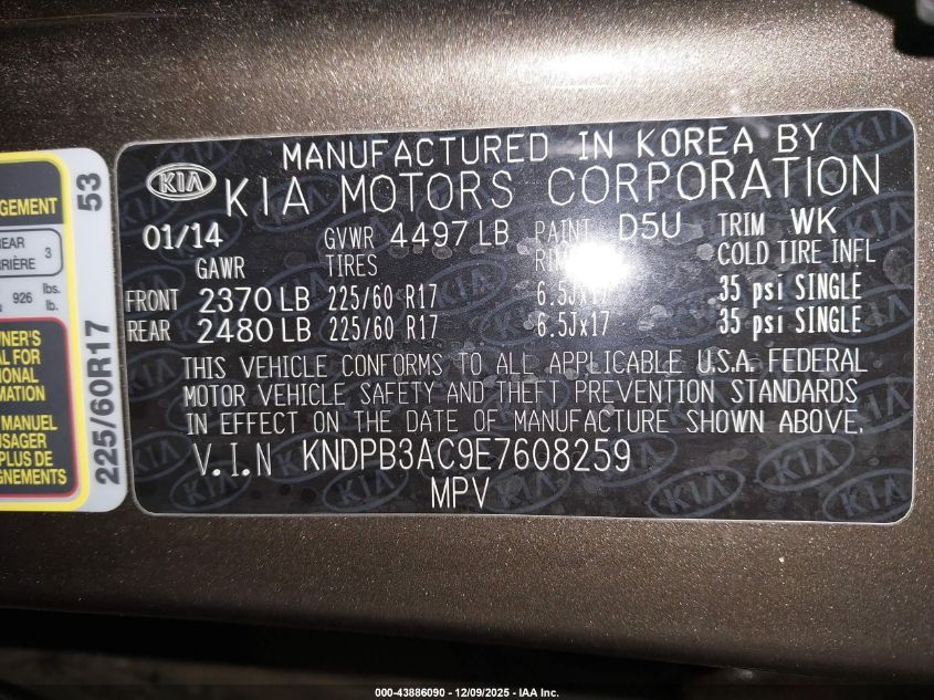 2014 Kia Sportage Lx VIN: KNDPB3AC9E7608259 Lot: 43886090