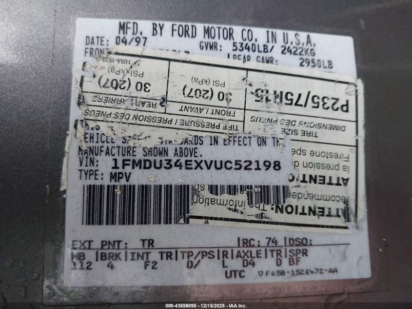 1997 Ford Explorer Eddie Bauer/Limited/Xl/Xlt VIN: 1FMDU34EXVUC52198 Lot: 43886098