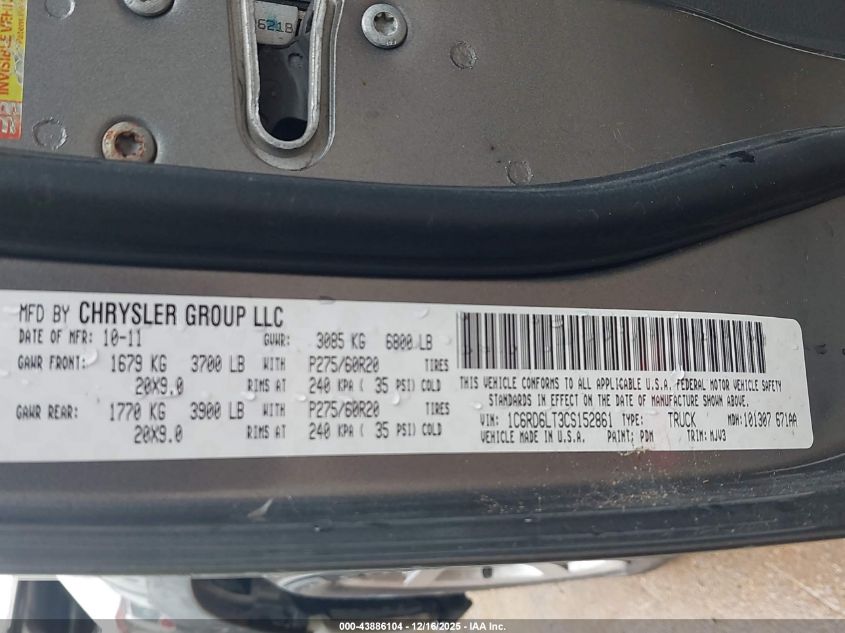 2012 Ram 1500 Slt VIN: 1C6RD6LT3CS152861 Lot: 43886104