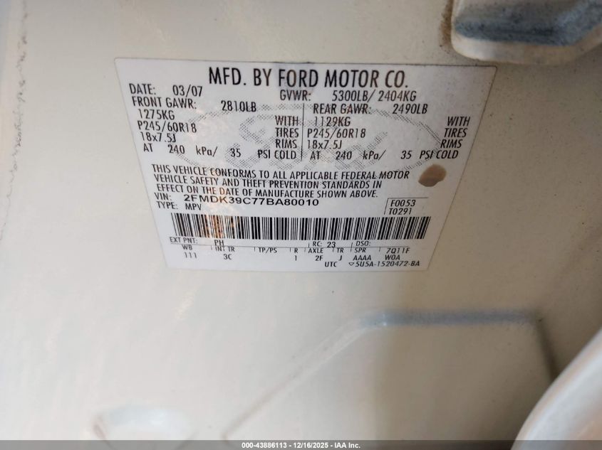 2007 Ford Edge Sel Plus VIN: 2FMDK39C77BA80010 Lot: 43886113